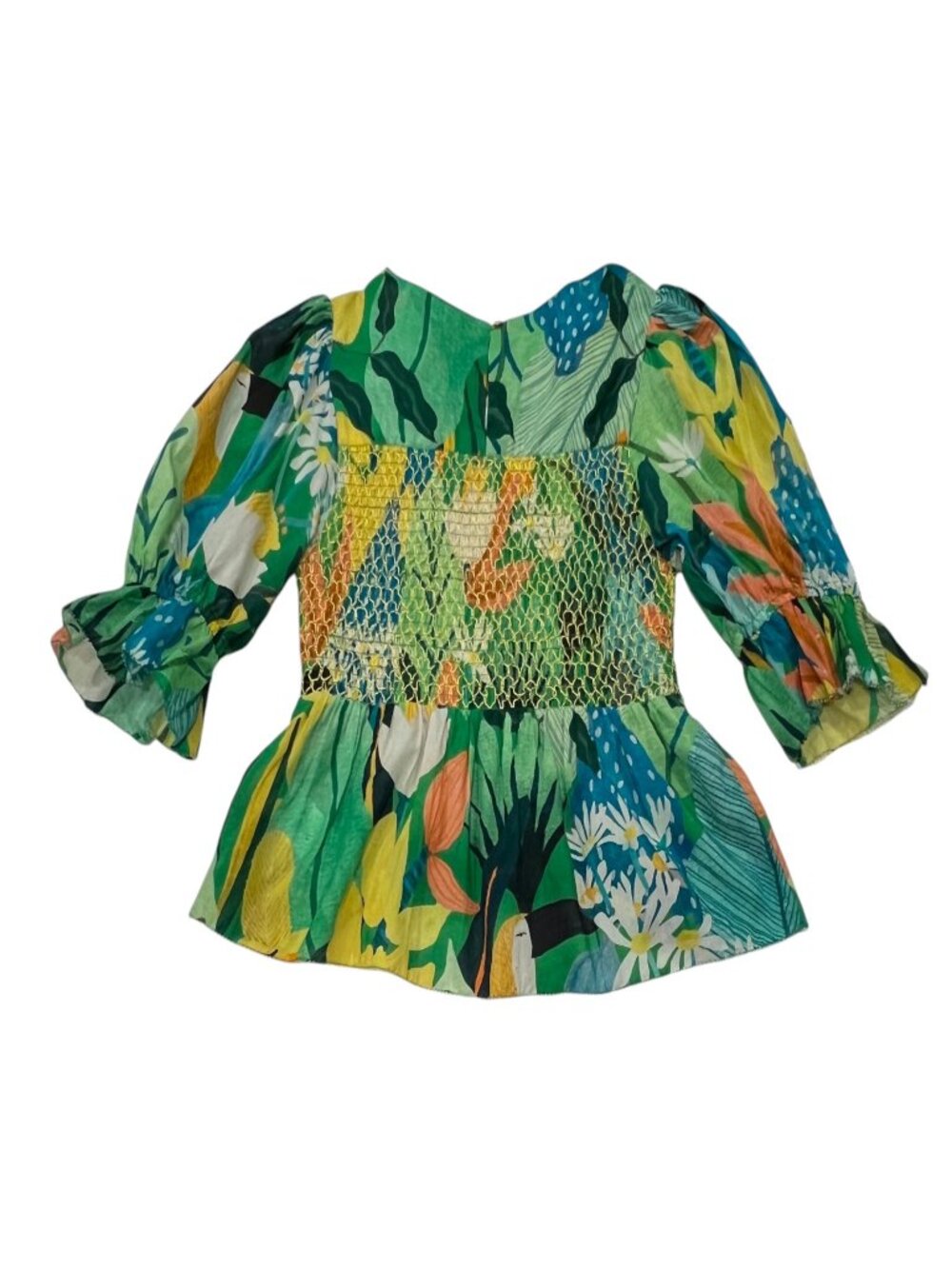 FARM Rio Vintage Toucans Smocked Peplum Top, Green, S - Picture 11 of 12